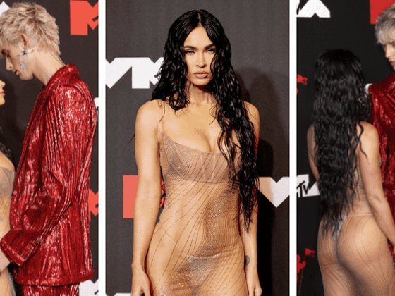 MTV VMAs pink carpet- Megan Fox flaunts naked butt & THONG in sheer costume with Machine Gun Kelly, Travis Barker & Kourtney