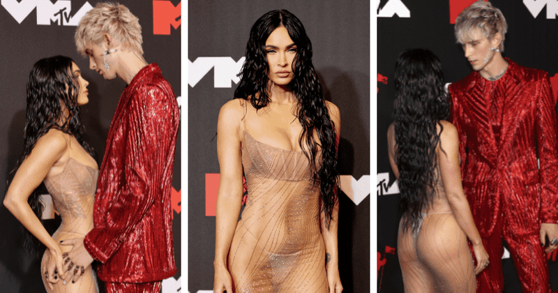 MTV VMAs pink carpet- Megan Fox flaunts naked butt & THONG in sheer costume with Machine Gun Kelly, Travis Barker & Kourtney