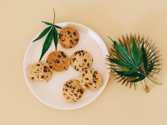 white ceramic plate with chocolate cookies and hemp leaves