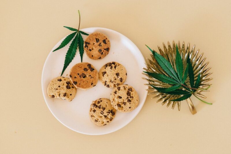 white ceramic plate with chocolate cookies and hemp leaves